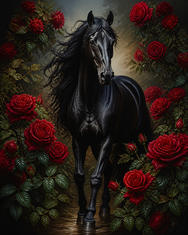 Diamond Painting Zwart Paard met Rode Rozen – een zwart paardenportret tussen dieprode rozen