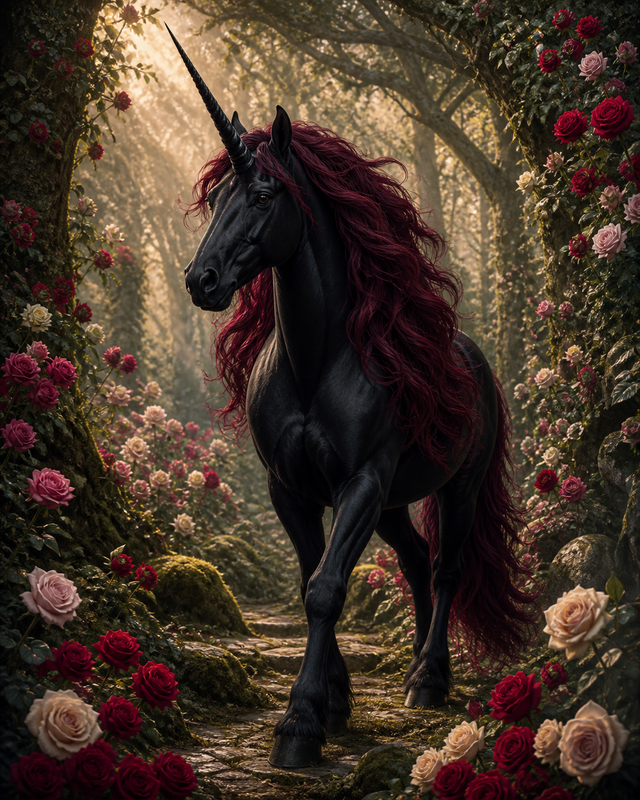 Diamond painting ontwerp met zwarte eenhoorn in het rozenbos