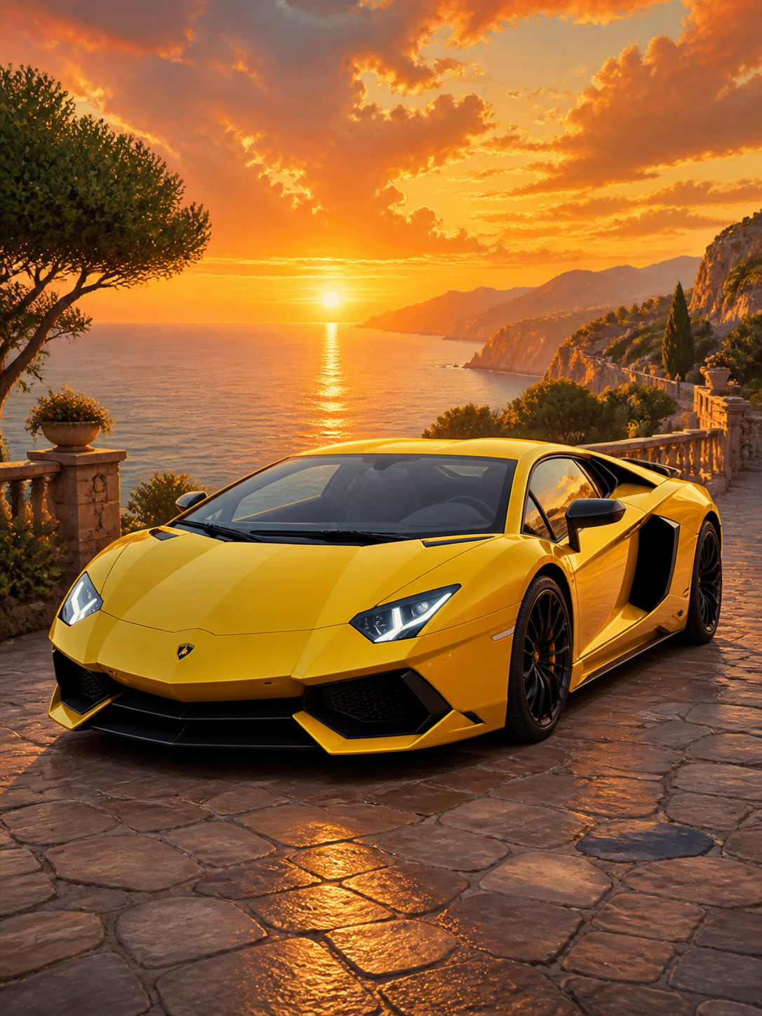 Diamond Painting Lamborghini Aventador bij Gouden Zonsondergang met gele Lamborghini Aventador bij een warme zonsondergang boven zee