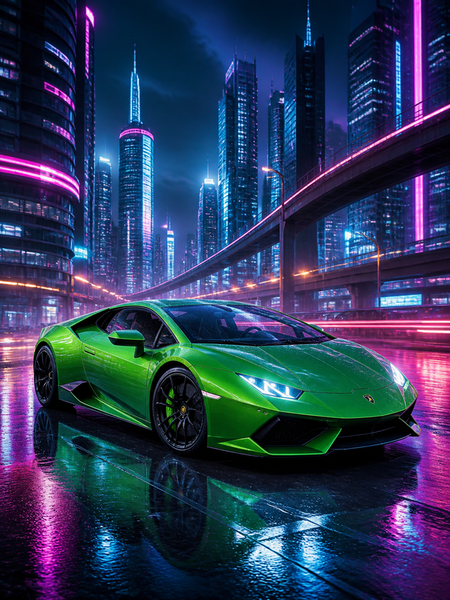 Diamond Painting Lamborghini Huracán in de Neonstad met groene Lamborghini Huracán in een natte neonstad