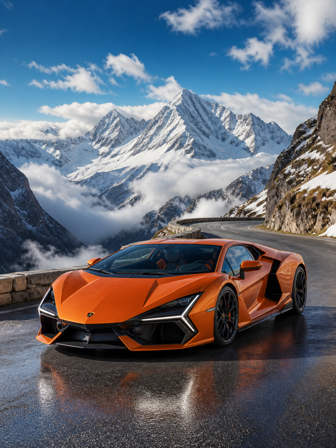 Diamond Painting Lamborghini Revuelto op de Bergpas met oranje Lamborghini Revuelto op een hoge bergpas