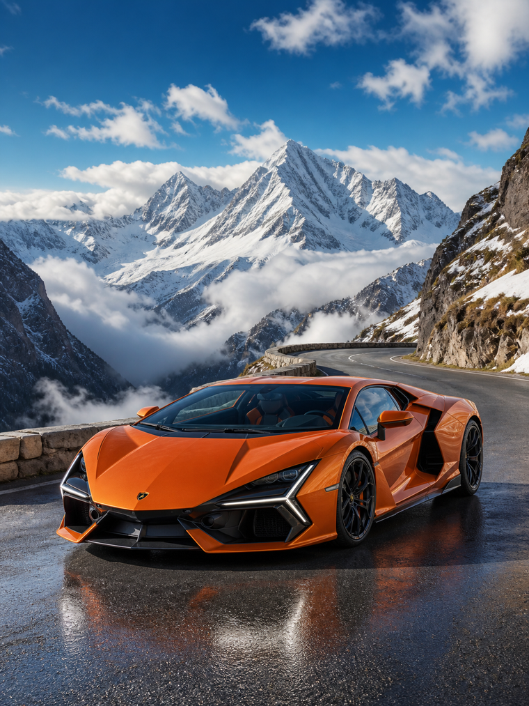 Diamond Painting Lamborghini Revuelto op de Bergpas met oranje Lamborghini Revuelto op een hoge bergpas