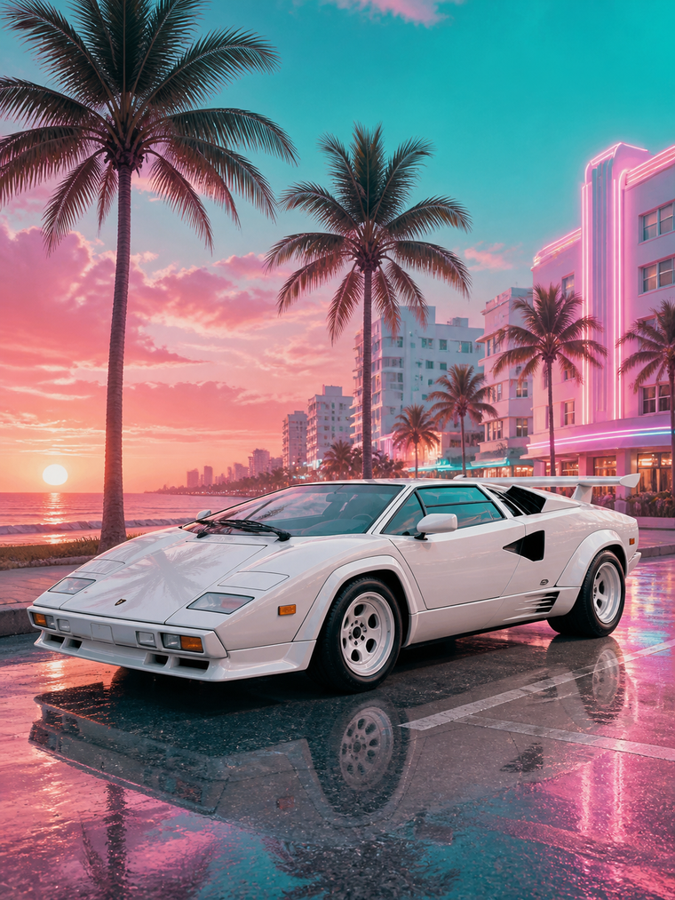 Diamond Painting Lamborghini Countach in Retro Miami met witte Lamborghini Countach in een kleurrijke retro-kuststad