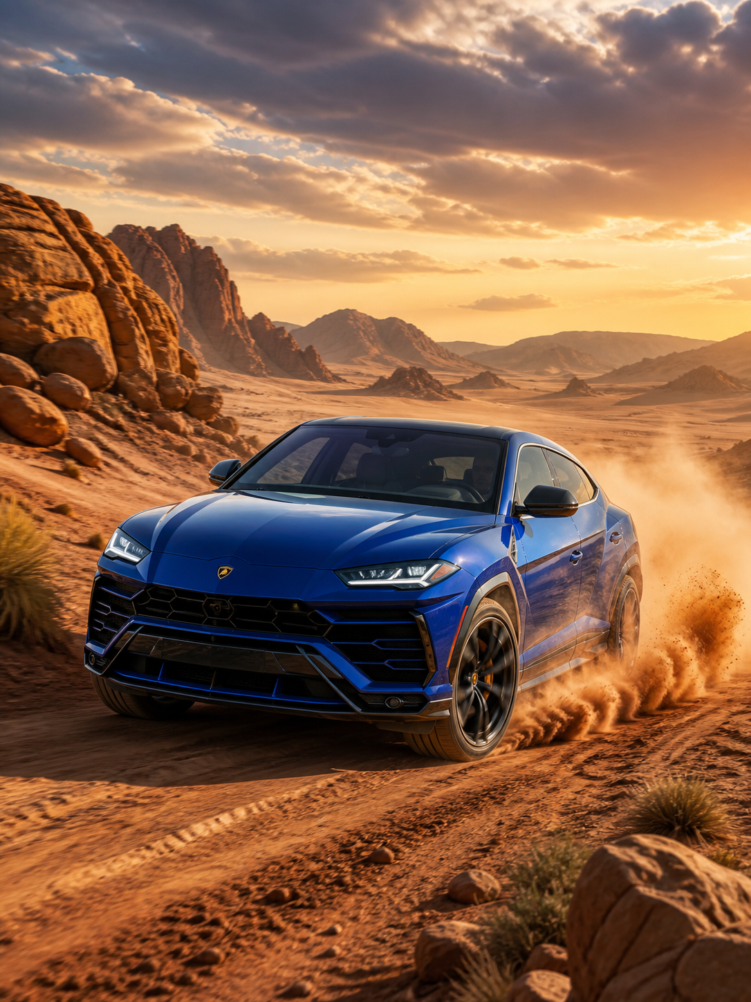 Diamond Painting Lamborghini Urus in de Woestijn met blauwe Lamborghini Urus die door een rotsachtig woestijnlandschap rijdt
