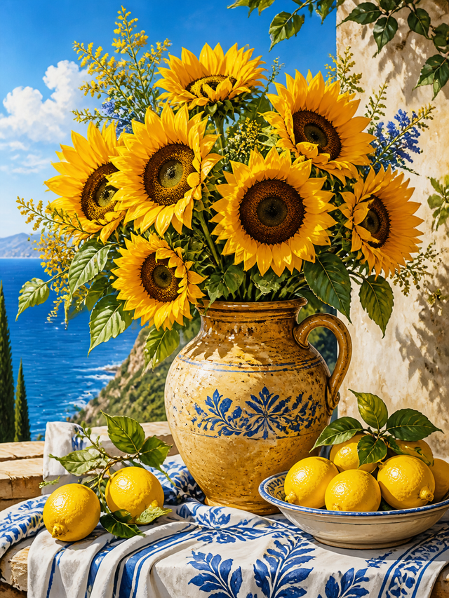 Diamond Painting Zonnebloemen met Citroenen Stilleven – heldere zonnebloemen met citroenen in een zonnig stilleven