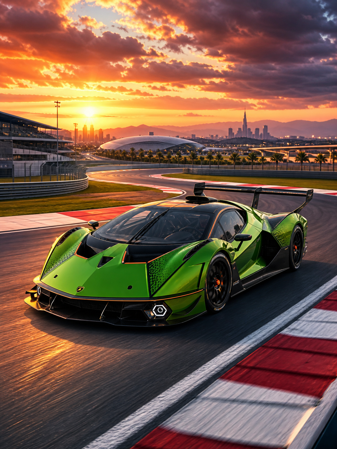 Diamond Painting Lamborghini Essenza SCV12 op het Circuit met groene Lamborghini Essenza SCV12 in een snelle circuitbocht