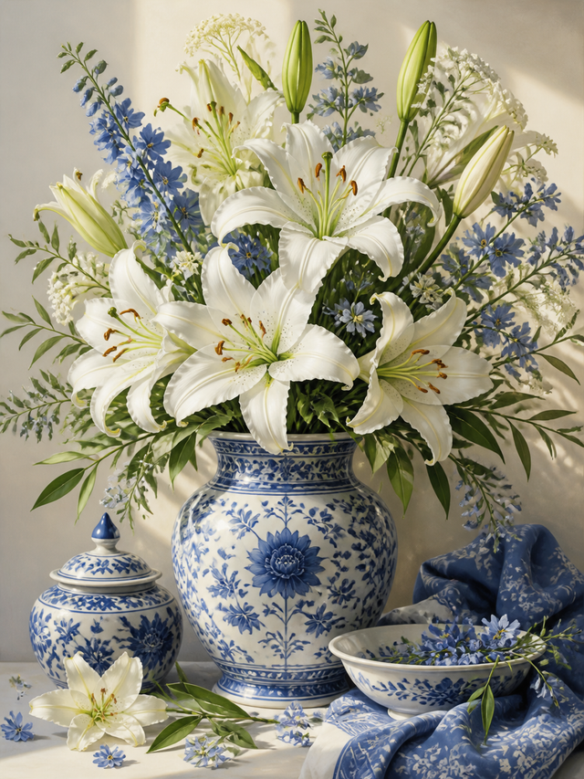 Diamond Painting Witte Lelies in Blauwe Vaas – witte lelies in een blauw-witte keramische vaas