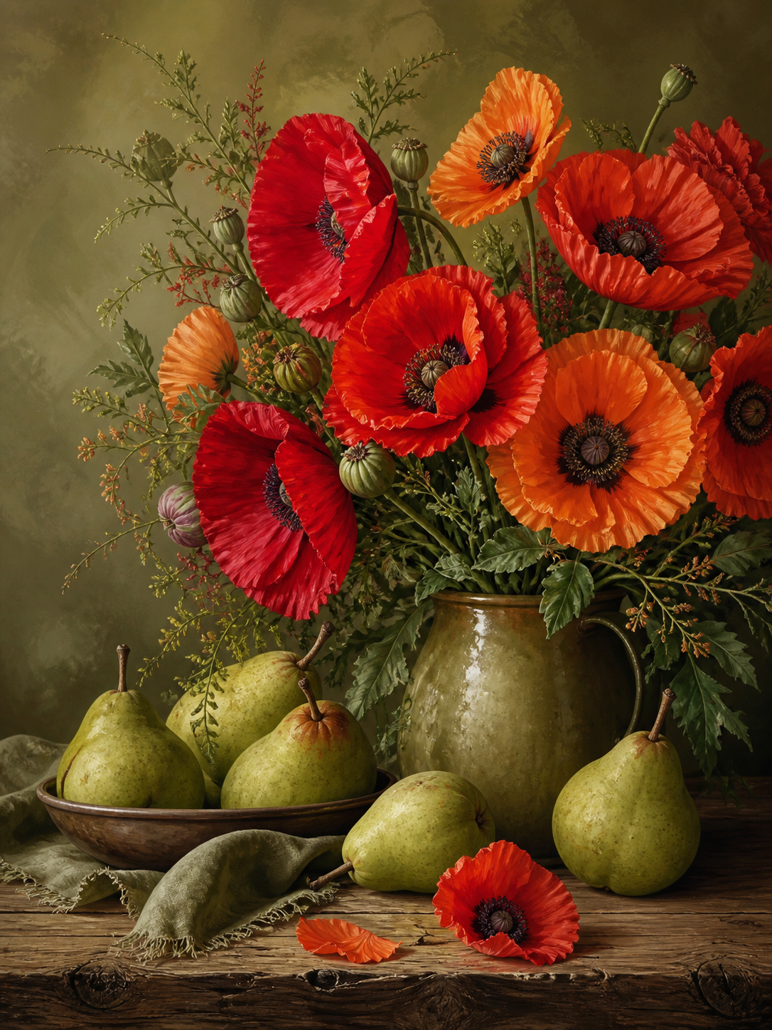 Diamond Painting Klaprozen en Peren Stilleven – rode en oranje klaprozen naast groene peren