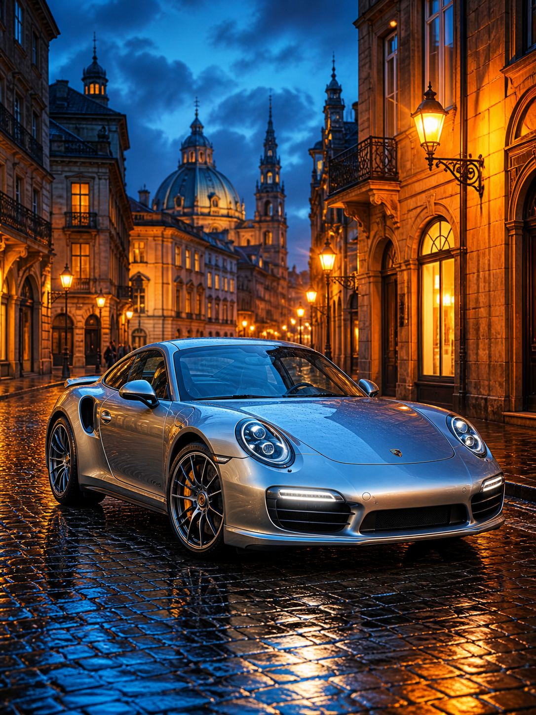 Diamond Painting Porsche 911 Turbo S in de Regen met zilveren Porsche 911 Turbo S op een regenachtige stadsstraat