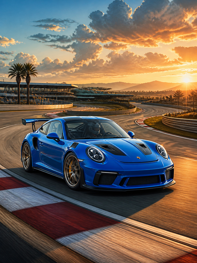 Diamond Painting Porsche 911 GT3 RS op het Circuit met blauwe Porsche 911 GT3 RS op een circuit bij zonsondergang