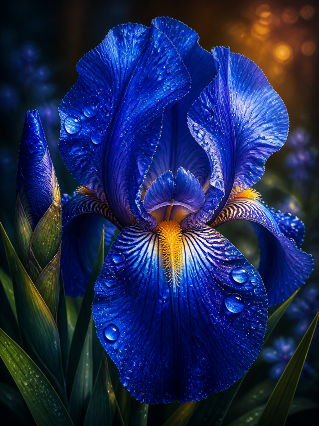Diamond Painting Blauwe Iris met Dauwdruppels – een diepblauwe iris met heldere dauwdruppels