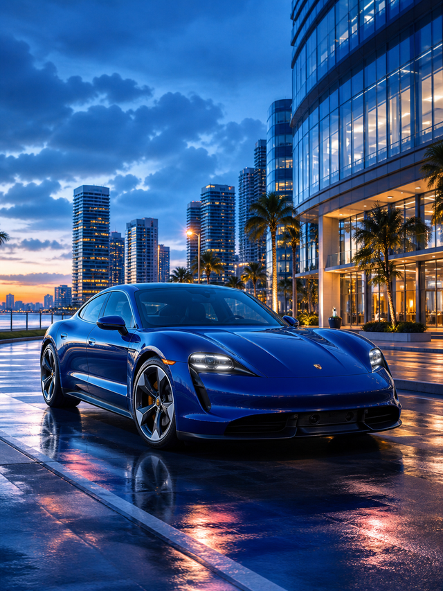 Diamond Painting Porsche Taycan in de Blauwe Nacht met diepblauwe Porsche Taycan in een moderne kuststad tijdens het blauwe uur