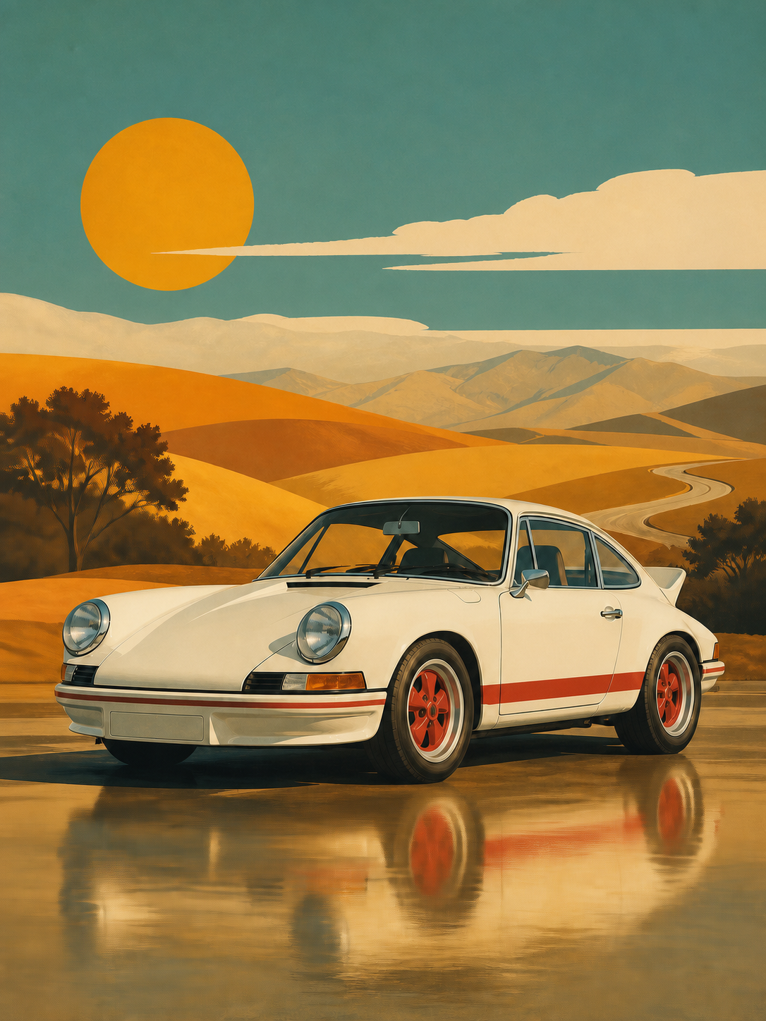 Diamond Painting Porsche Carrera RS 2.7 Retro met witte Porsche Carrera RS 2.7 in een rustige retrocompositie