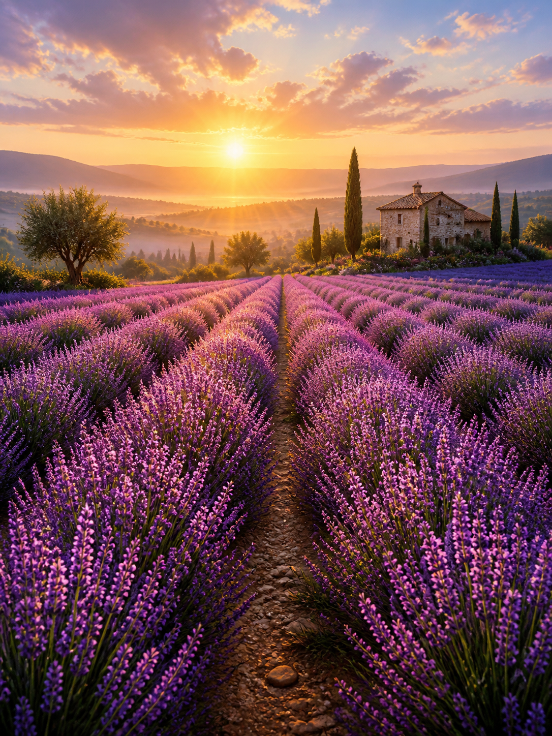 Diamond Painting Paarse Lavendel bij Zonsopkomst – paarse lavendelvelden tijdens een gouden zonsopkomst