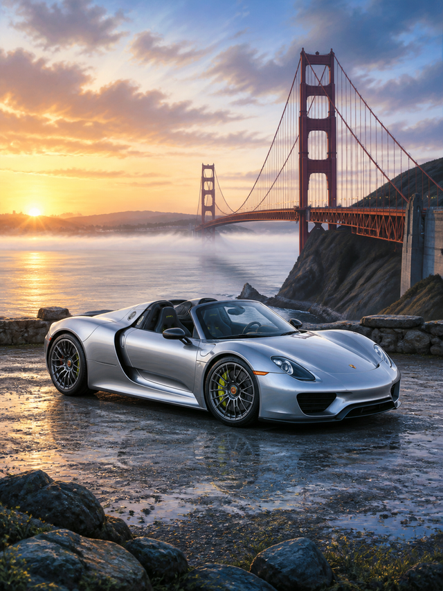 Diamond Painting Porsche 918 Spyder bij de Hangbrug met zilveren Porsche 918 Spyder bij een hangbrug in de ochtendmist