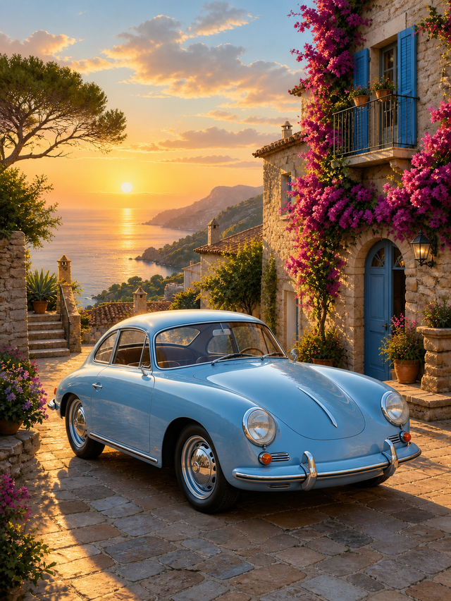 Diamond Painting Porsche 356 in het Kustdorp met lichtblauwe Porsche 356 in een mediterraan kustdorp