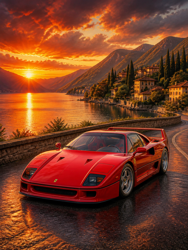 Diamond Painting Ferrari F40 bij Zonsondergang met rode Ferrari F40 aan een Italiaans meer bij zonsondergang