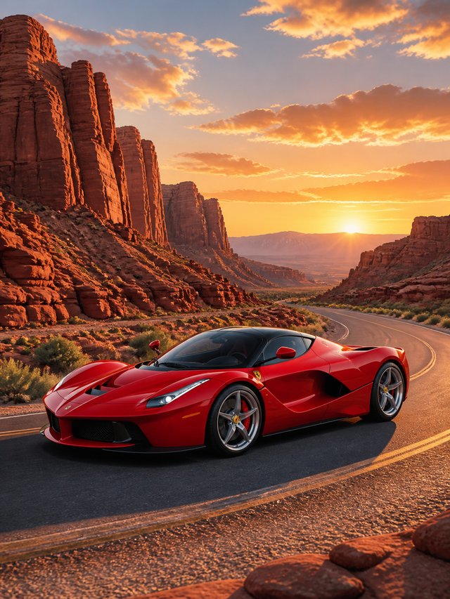 Diamond Painting LaFerrari in de Rode Canyon met rode LaFerrari op een weg door een diepe zandsteencanyon