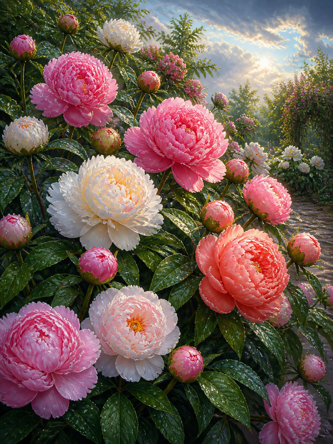 Diamond Painting Pioenrozen na een Zomerbui – een tuin vol pioenrozen na een zachte zomerbui