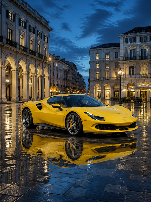 Diamond Painting Ferrari 296 GTB in de Stad met gele Ferrari 296 GTB op een nat stadsplein tijdens het blauwe uur