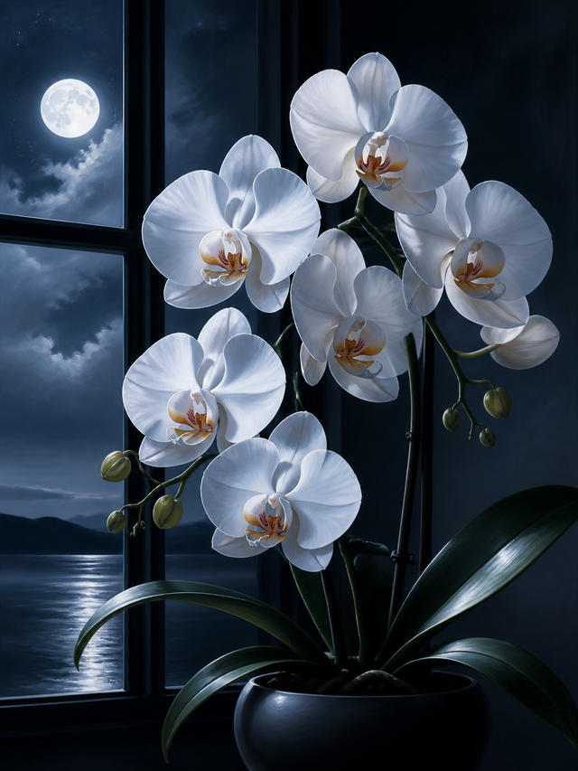 Diamond Painting Witte Orchidee bij Maanlicht – witte orchideebloemen in koel maanlicht