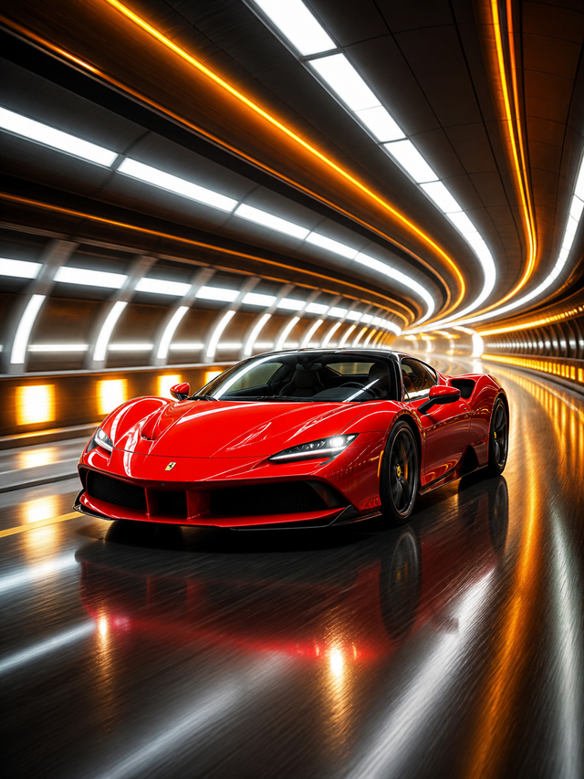 Diamond Painting Ferrari SF90 in de Lichttunnel met rode Ferrari SF90 in een futuristische lichttunnel