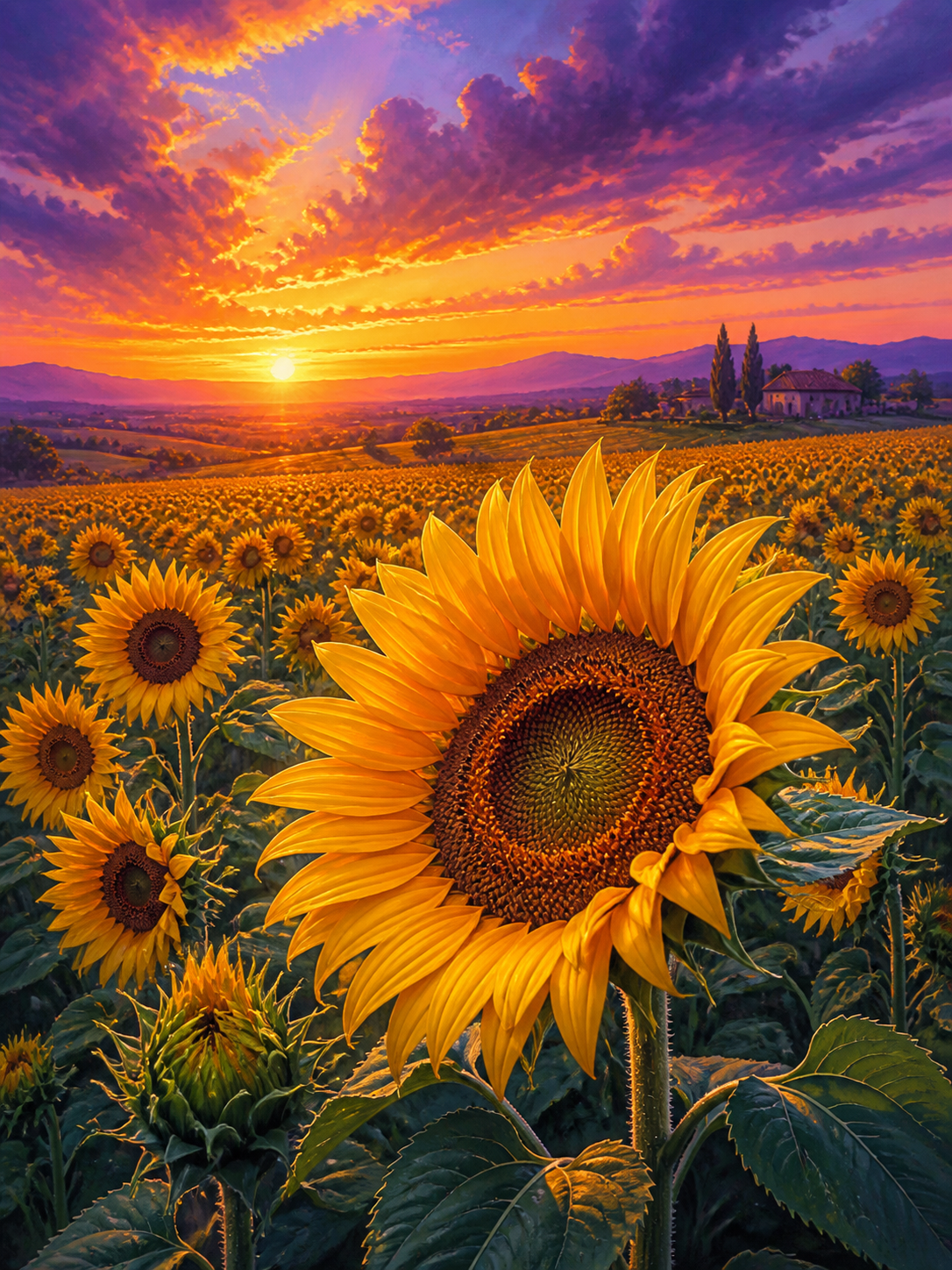 Diamond Painting Zonnebloemveld bij Zonsondergang – een uitgestrekt zonnebloemveld bij zonsondergang