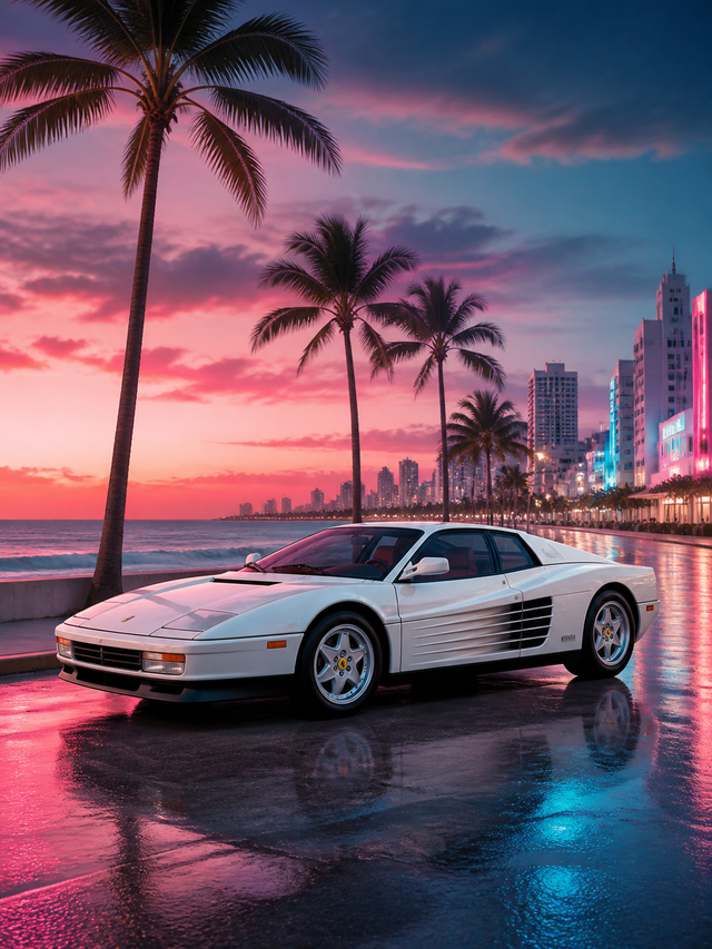 Diamond Painting Ferrari Testarossa in Miami met witte Ferrari Testarossa op een retro-kustboulevard