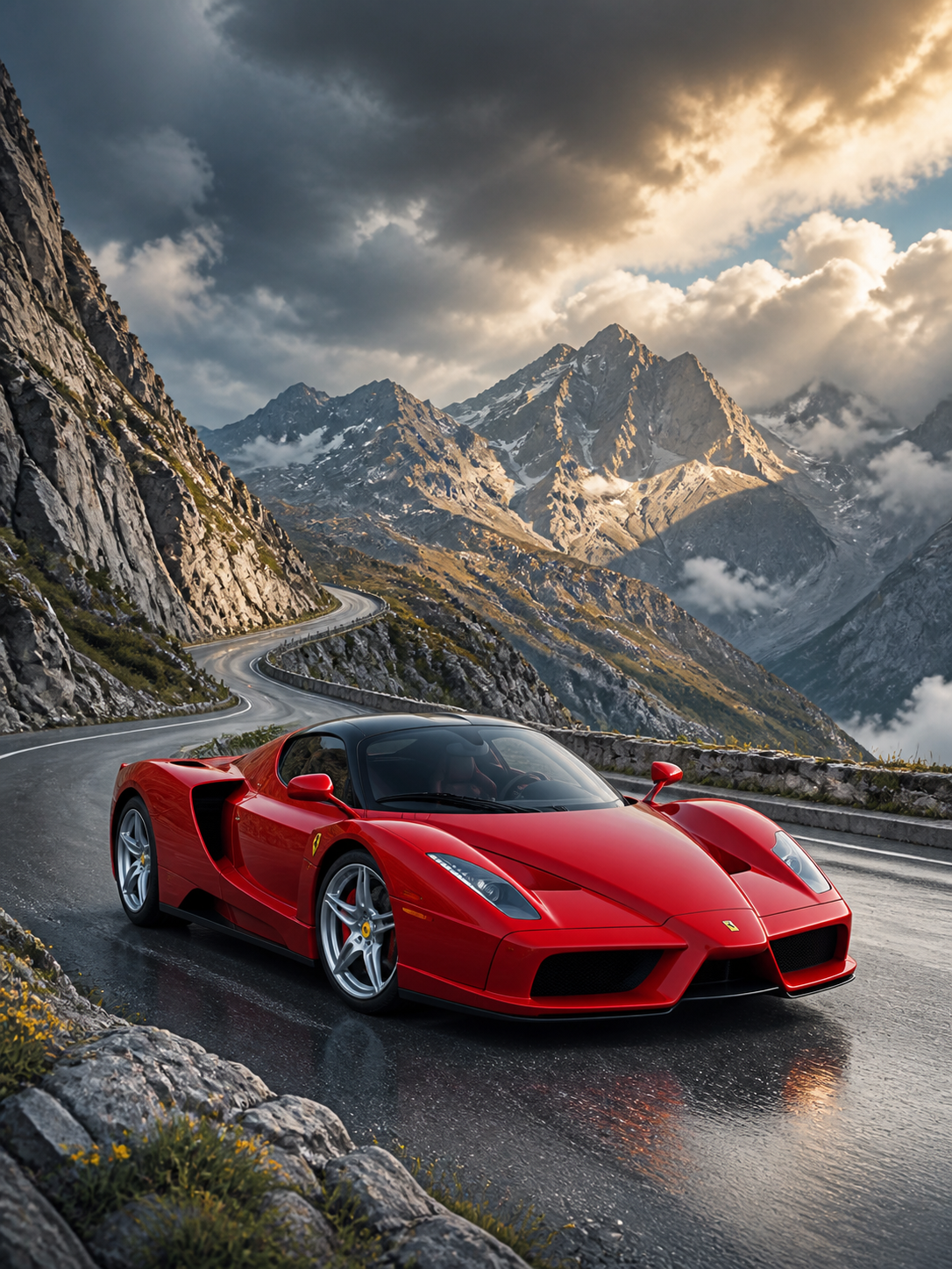 Diamond Painting Ferrari Enzo op de Bergweg met rode Ferrari Enzo op een dramatische weg door de bergen