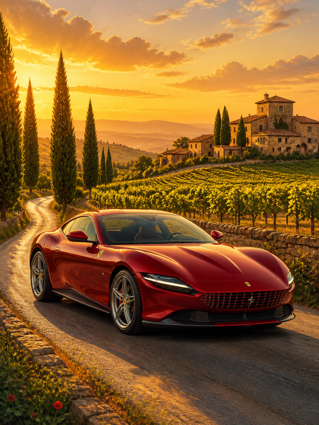Diamond Painting Ferrari Roma in Toscane met donkerrode Ferrari Roma tussen wijngaarden in Toscane