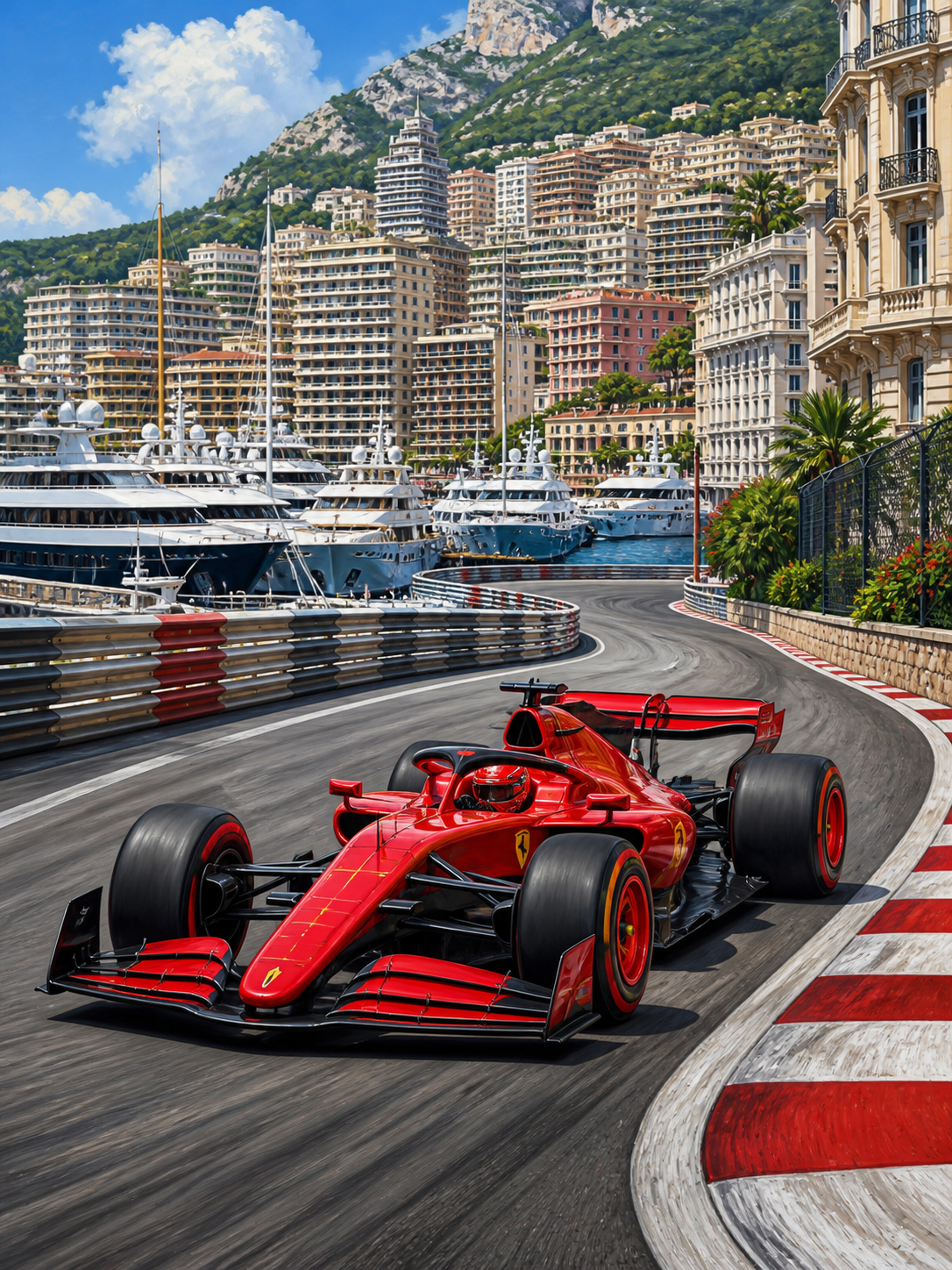 Diamond Painting Ferrari F1 in de Bocht van Monaco met rode Ferrari F1-auto in een krappe bocht aan de haven van Monaco