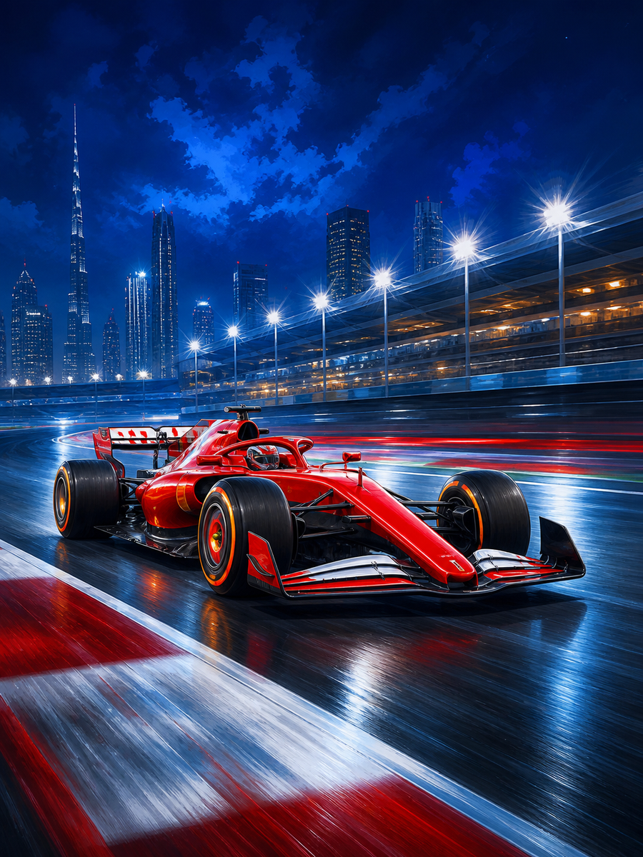 Diamond Painting Ferrari F1 Nachtrace met rode Ferrari F1-auto tijdens een snelle nachtrace
