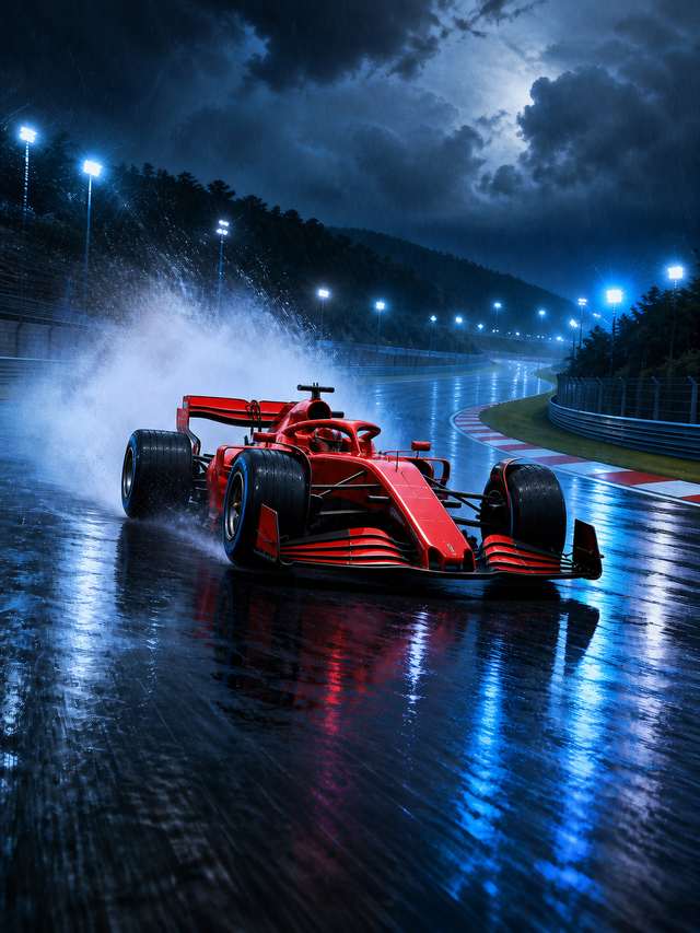 Diamond Painting Ferrari F1 in de Regen met rode Ferrari F1-auto in zware regen op een verlicht circuit