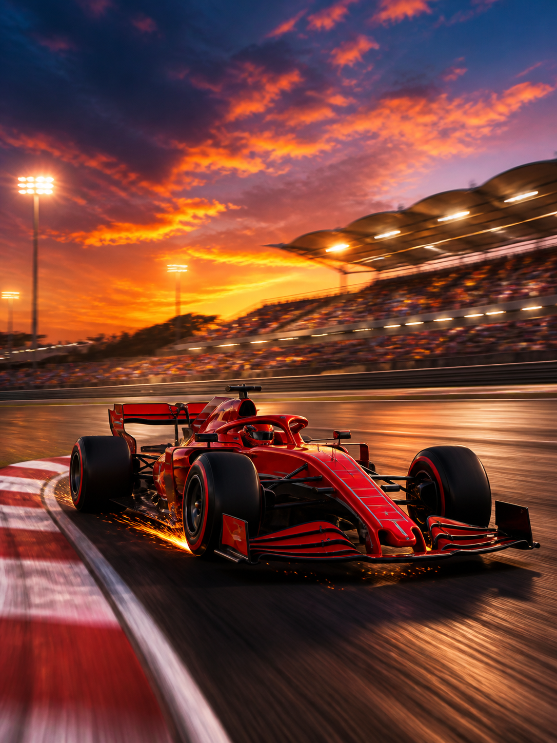 Diamond Painting Ferrari F1 met Vonken met rode Ferrari F1-auto die vonken trekt bij zonsondergang