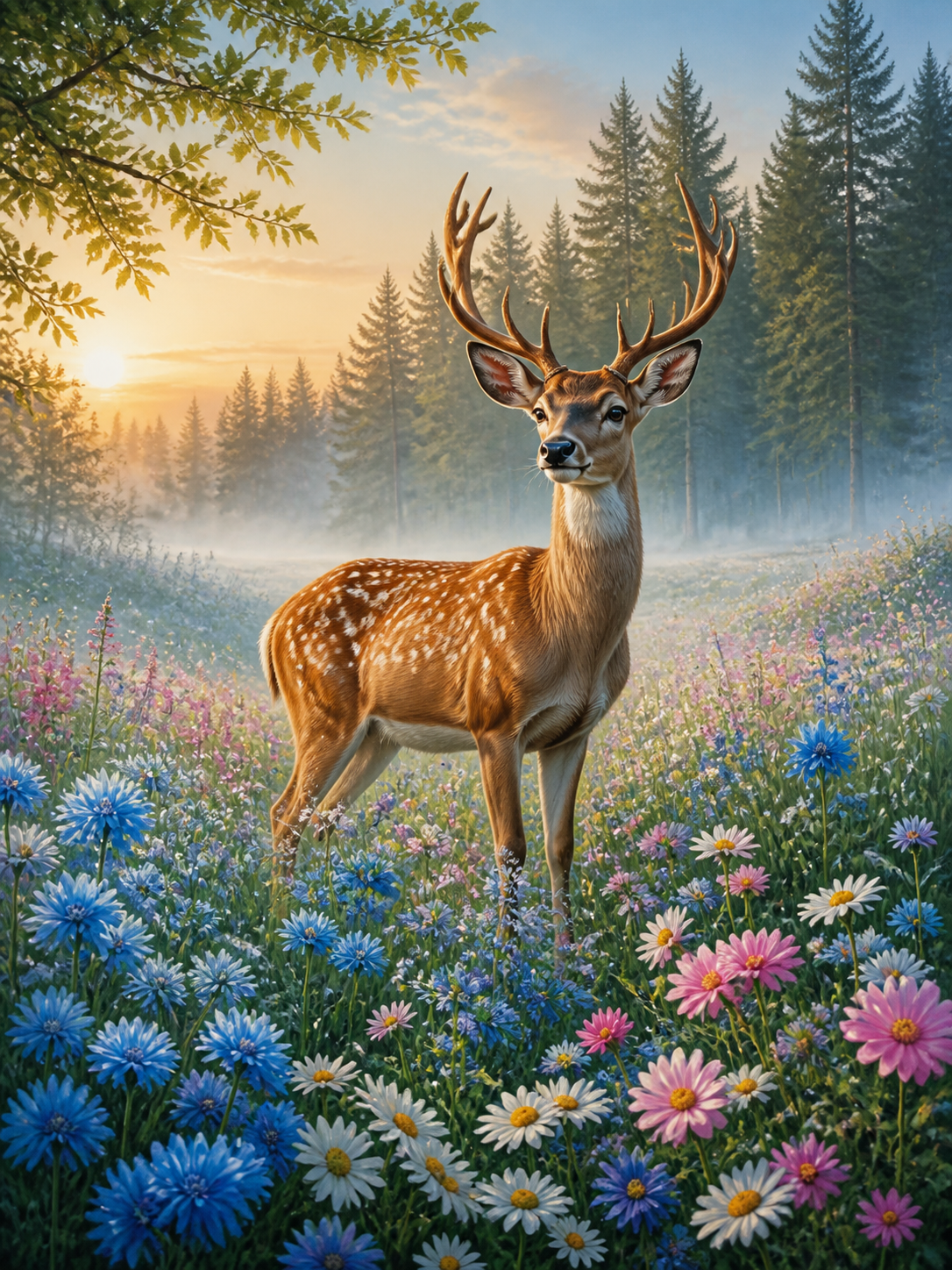 Diamond Painting Hert in een Veld vol Bloemen – een sierlijk hert in een veld vol wilde bloemen