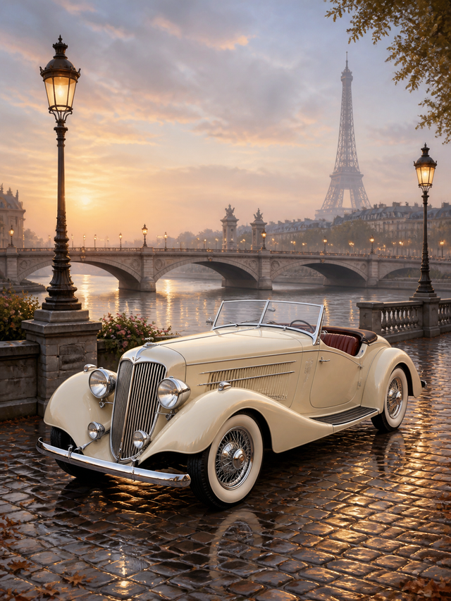 Diamond Painting Vintage Roadster in Parijs met crèmekleurige vintage roadster aan de rivier in Parijs