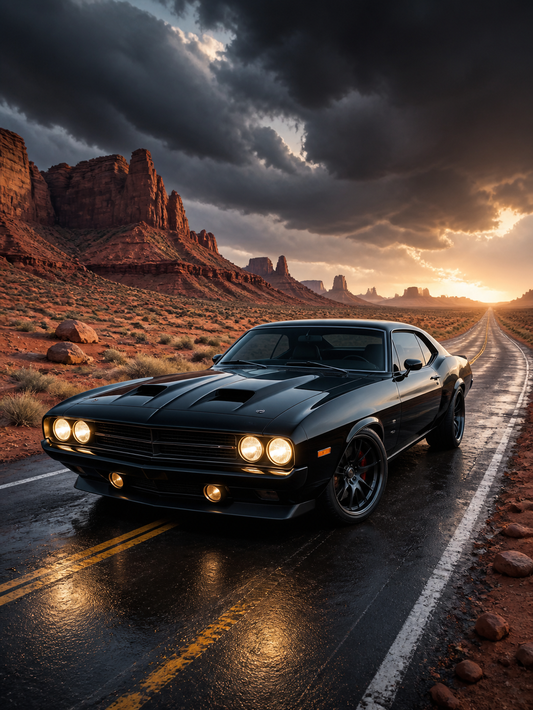 Diamond Painting Muscle Car op de Woestijnweg met zwarte muscle car op een verlaten woestijnweg