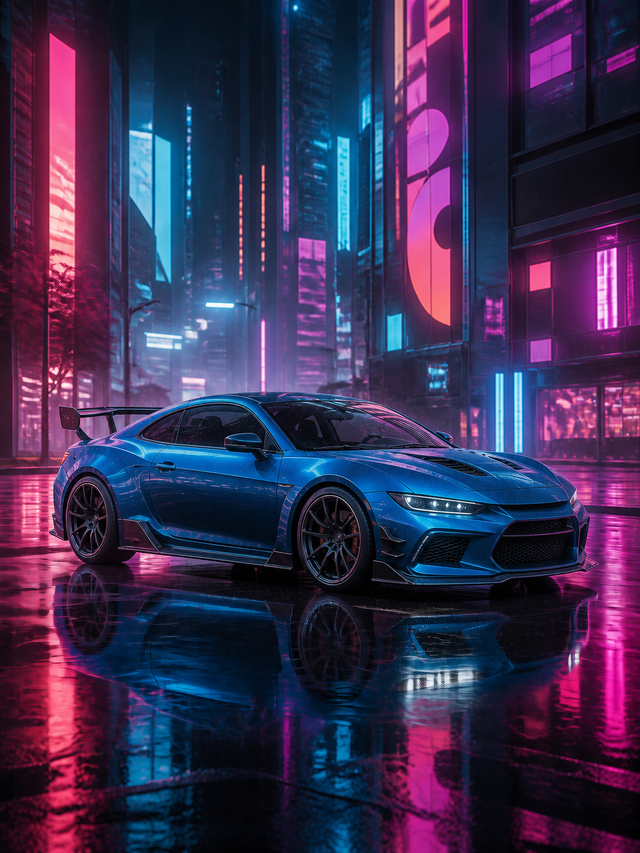 Diamond Painting Japanse Tuner in Neonlicht met blauwe tunerauto in een regenachtige neonwijk