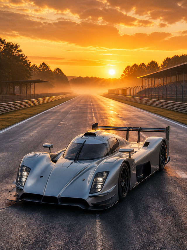 Diamond Painting Raceauto bij Zonsopkomst met zilveren endurance-raceauto op een rechte baan bij zonsopkomst