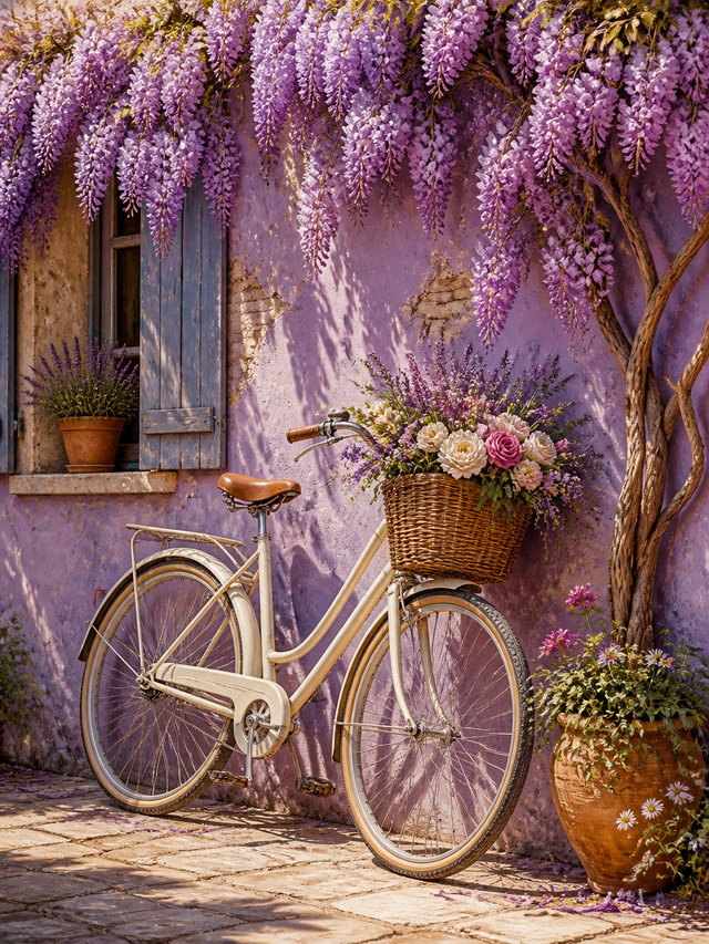 Diamond Painting Vintage Fiets onder Blauweregen – een vintage fiets onder rijkbloeiende blauweregen