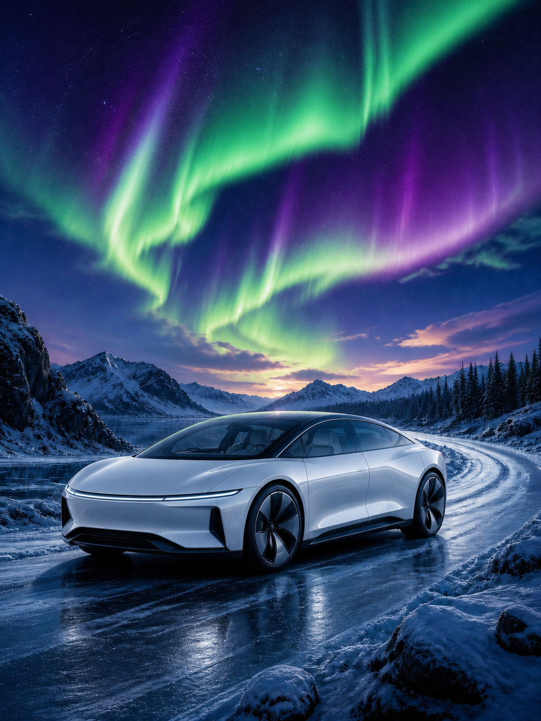 Diamond Painting Elektrische Conceptauto onder het Noorderlicht met witte elektrische conceptauto onder groen en paars noorderlicht