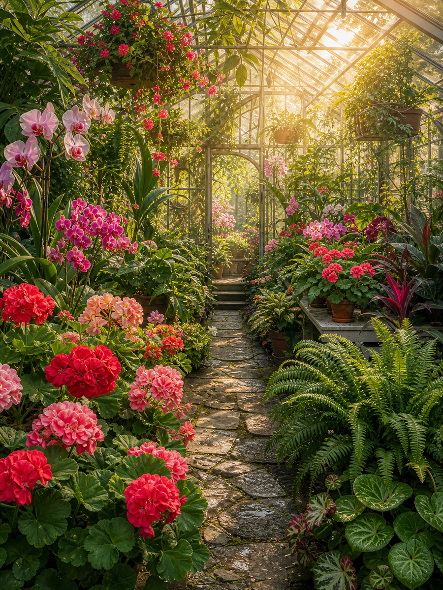 Diamond Painting Kas vol Bloemen en Planten – een lichte kas vol bloemen en groene planten