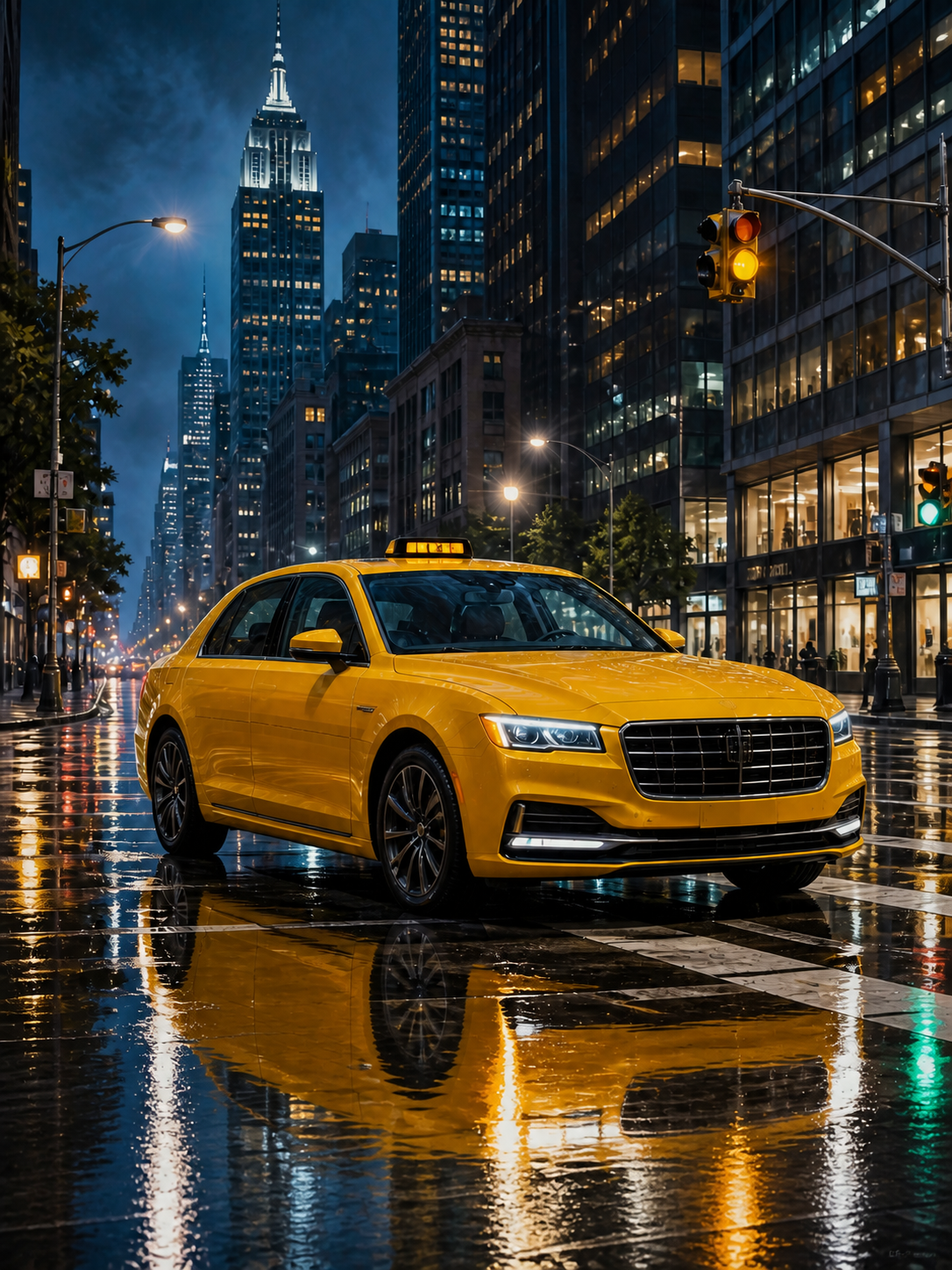 Diamond Painting Gele Taxi in New Yorkse Regen met gele taxi op een natte boulevard in een wereldstad