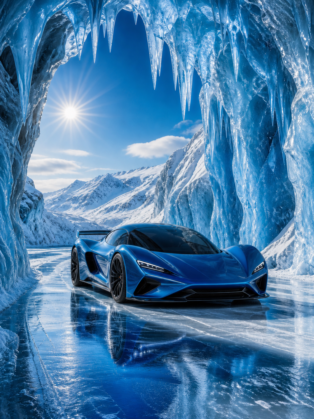 Diamond Painting Blauwe Hypercar in het IJslandschap met blauwe hypercar in een heldere grot van ijs
