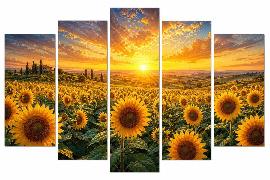 Diamond Painting Zonnebloemen 5-Luik – een zonnebloemveld bij zonsopkomst verdeeld over vijf panelen