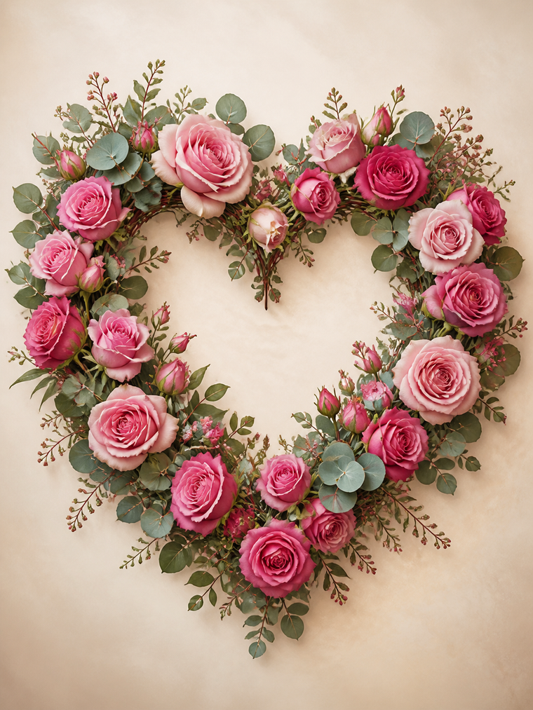 Diamond Painting Hart van Roze Rozen – een hartvormige krans van roze rozen en eucalyptus