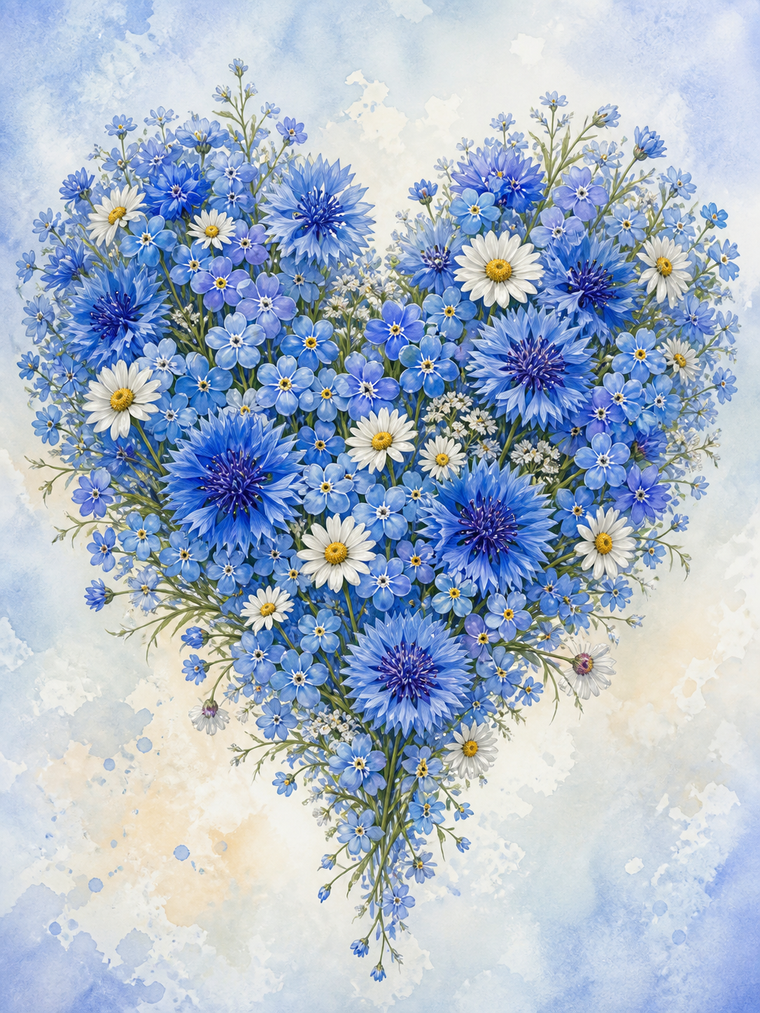 Diamond Painting Hart van Blauwe Bloemen – een hart van blauwe vergeet-mij-nietjes, korenbloemen en witte madeliefjes