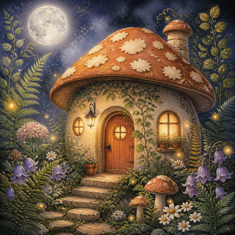 Diamond Painting Dromerig Paddenstoelenhuisje – volledig origineel babykamerontwerp