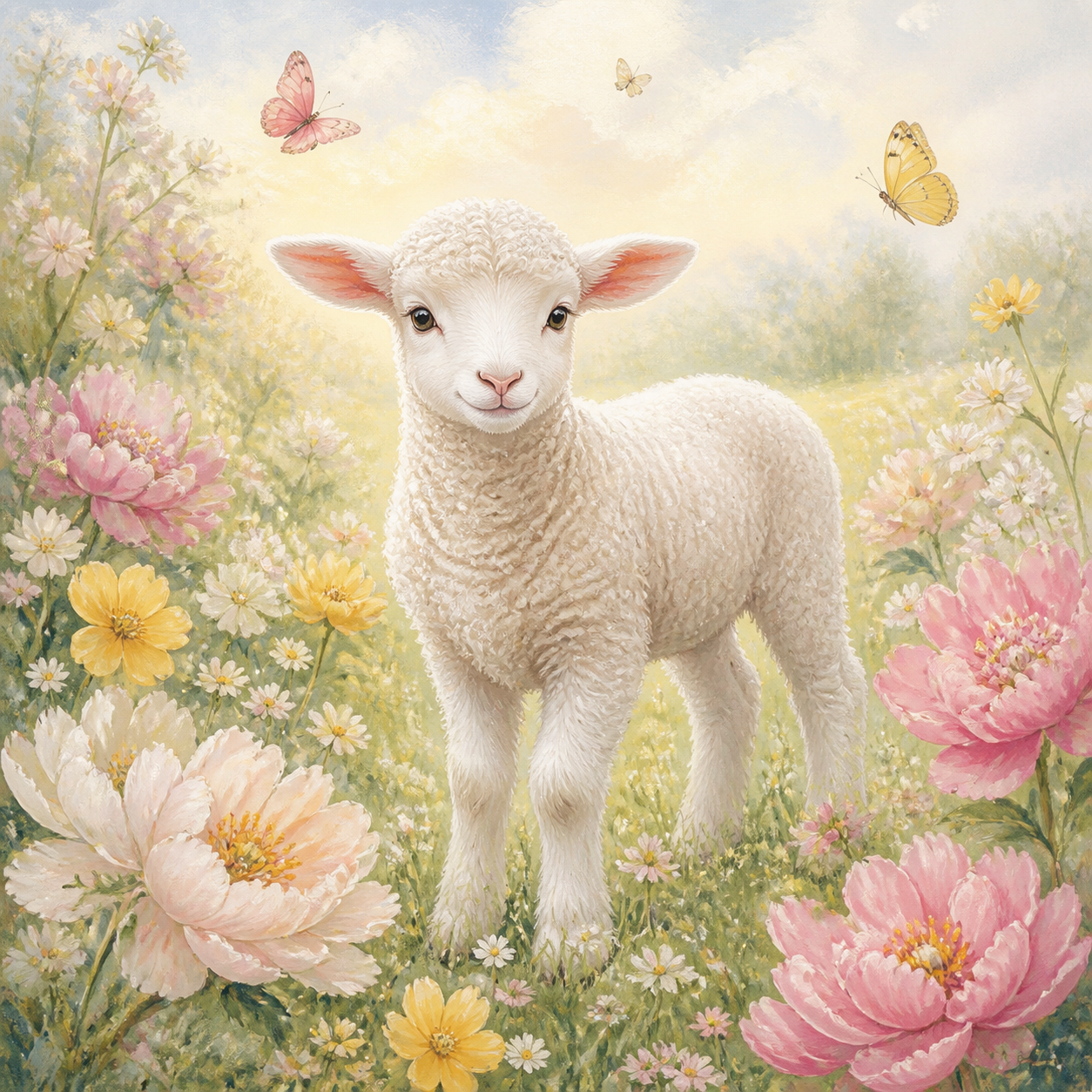 Diamond Painting Lammetje in de Pastelbloemen – volledig origineel babykamerontwerp