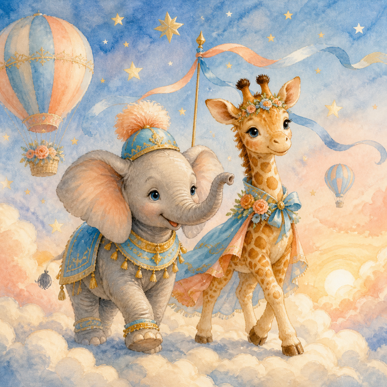 Diamond Painting Olifantje en Giraffe in de Wolkenparade – volledig origineel babykamerontwerp